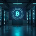 Escena realista en sala de juntas con pantalla de vidrio mostrando la tesorería digital de BTC junto a rigs de minería