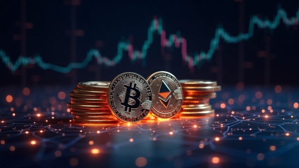 Bitcoin y Ethereum en primer plano sobre una cuadrícula digital, con tickers de ETFs en alza y un gráfico alcista.