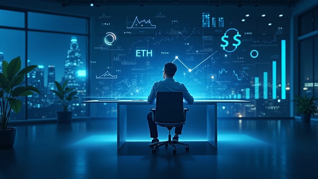 Ejecutivo inversor ante pantallas con flujos holográficos de BTC y ETH ETF, iluminación azul regulatoria.