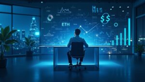 Ejecutivo inversor ante pantallas con flujos holográficos de BTC y ETH ETF, iluminación azul regulatoria.