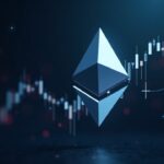 Emblema de Ethereum fusionado con gráfico de precios hacia 4500, horizonte financiero futurista y brillo de red blockchain.
