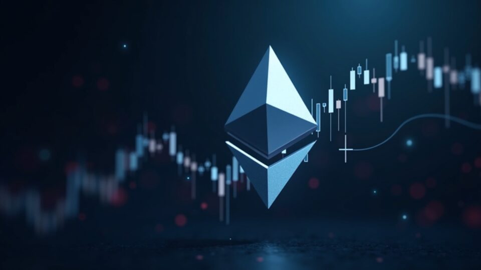 Emblema de Ethereum fusionado con gráfico de precios hacia 4500, horizonte financiero futurista y brillo de red blockchain.
