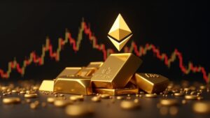 ETH logo ascendente sobre barras de oro, con gráficos y histograma MACD para comparar impulso entre cripto y oro.