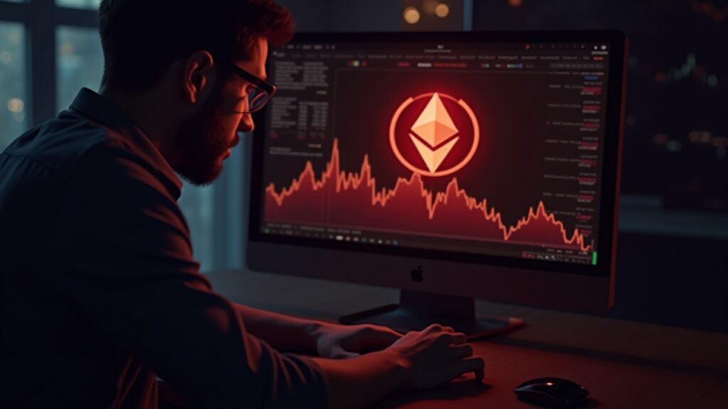 Trader frente a logo ETH iluminado y gráfico rojo descendente, fondo de redacción, simbolizando riesgo de mercado bajista.