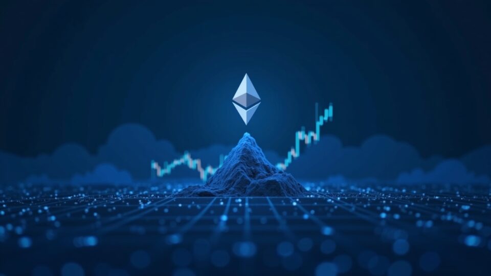 Ethereum sube sobre un gráfico alcista hacia 12k, con inversores institucionales al fondo y una rejilla azul de blockchain.