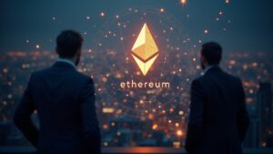 Logotipo de Ethereum en primer plano, con un ecosistema dinámico, inversores institucionales y nodos de staking iluminados en una ciudad.