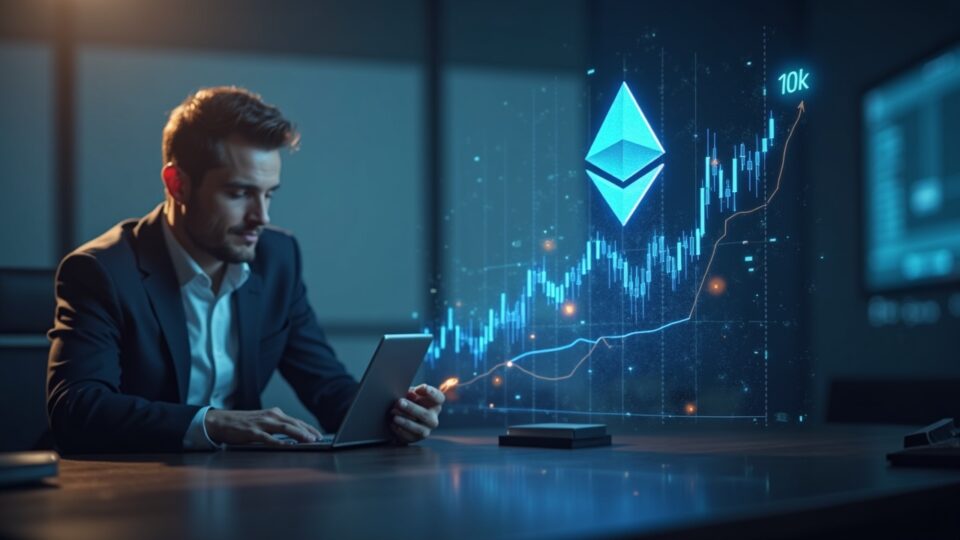 Ejecutivo de tesorería ante alcista con holograma de Ethereum hacia 10.000$, destacando staking y demanda institucional.