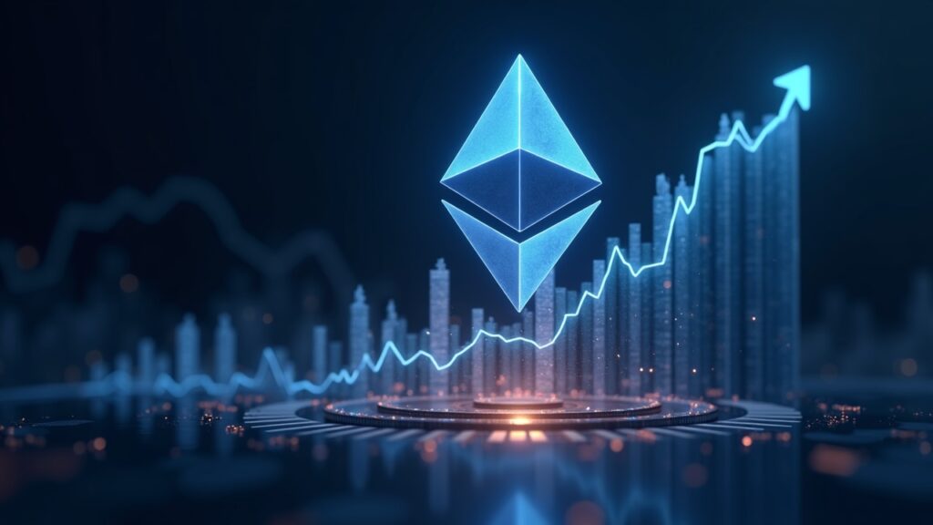 Photorealistic Ethereum logo blends with rising chart, liquidity streams around institutional silhouettes, neon data glow