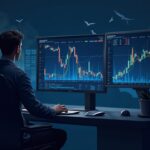 Trader frente a pantallas con Ethereum, precio cercano a 3739$, gráfico descendente y siluetas de ballenas