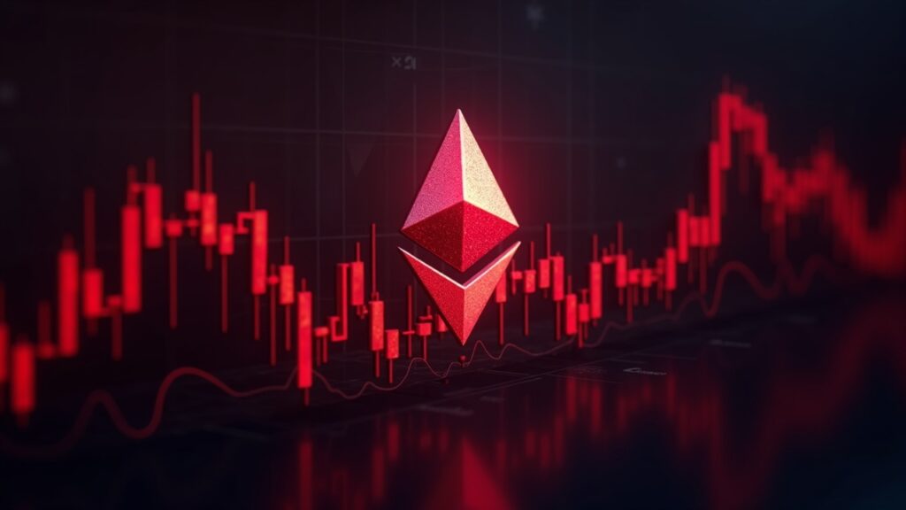 Logo de Ethereum disolviéndose en gráficos rojos de mercado, con inversores institucionales al fondo.