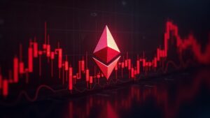 Logo de Ethereum disolviéndose en gráficos rojos de mercado, con inversores institucionales al fondo.