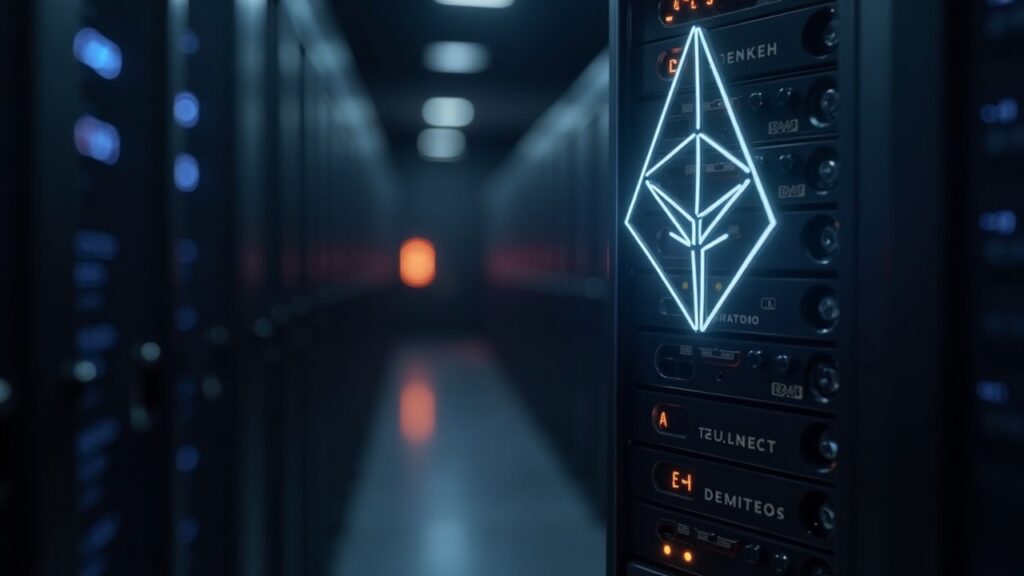 escena realista de un centro de datos con emblema ETH y nodos validador apilados, simbolizando expansión de tesorería ETH.