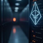 escena realista de un centro de datos con emblema ETH y nodos validador apilados, simbolizando expansión de tesorería ETH.