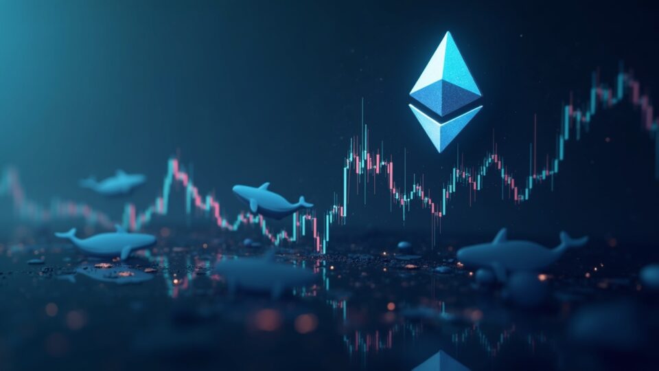 Logo de Ethereum fotorealista sobre un gráfico de precios en ascenso, siluetas de ballenas y datos on‑chain en tiempo real.