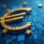 Close-up of a Euro symbol merged with digital circuitry, with a blurred EU legislative document in the background.