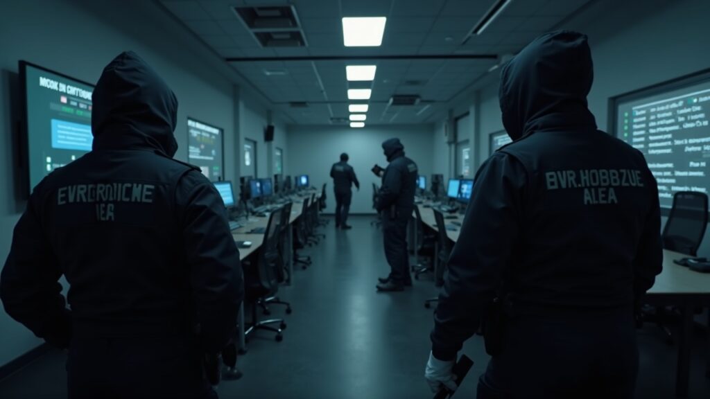 Operativo de Europol en Letonia incauta criptoactivos e infraestructura de cajas SIM, con sala de noticias de fondo.