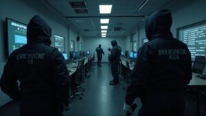 Operativo de Europol en Letonia incauta criptoactivos e infraestructura de cajas SIM, con sala de noticias de fondo.
