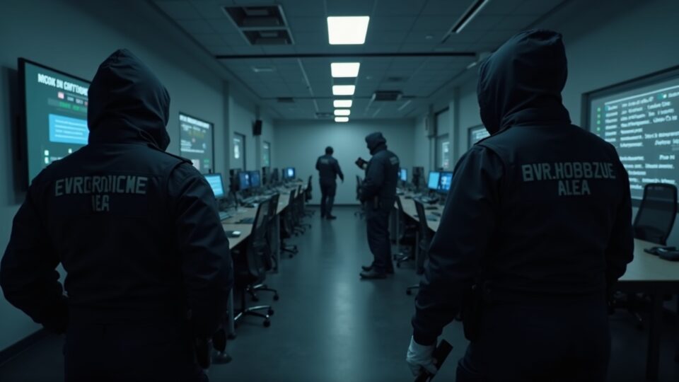 Operativo de Europol en Letonia incauta criptoactivos e infraestructura de cajas SIM, con sala de noticias de fondo.