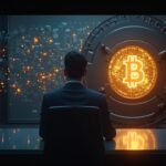 Ejecutivo frente a mesa de vidrio, bóveda de Bitcoin iluminada y globo de crédito simulan préstamos cripto globales.