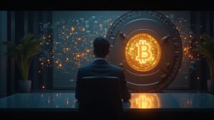 Ejecutivo frente a mesa de vidrio, bóveda de Bitcoin iluminada y globo de crédito simulan préstamos cripto globales.