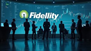 Ejecutivos de Fidelity en una sala de operaciones, logo de Solana y gráficas de ETF en ascenso.