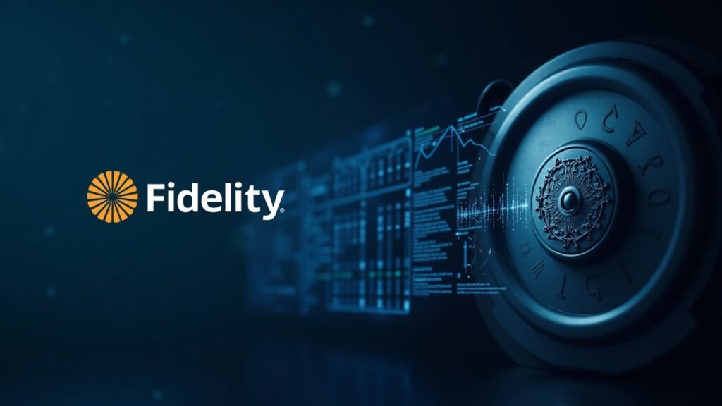 Header cripto realista: Fidelity logo junto al emblema SOL, pantallas de custodia institucional y bóveda digital.