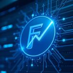 Primer plano fotorealista del logo de Filecoin en una instalación de almacenamiento de datos con circuitos azules y gráfico ascendente.