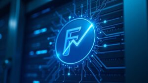 Primer plano fotorealista del logo de Filecoin en una instalación de almacenamiento de datos con circuitos azules y gráfico ascendente.