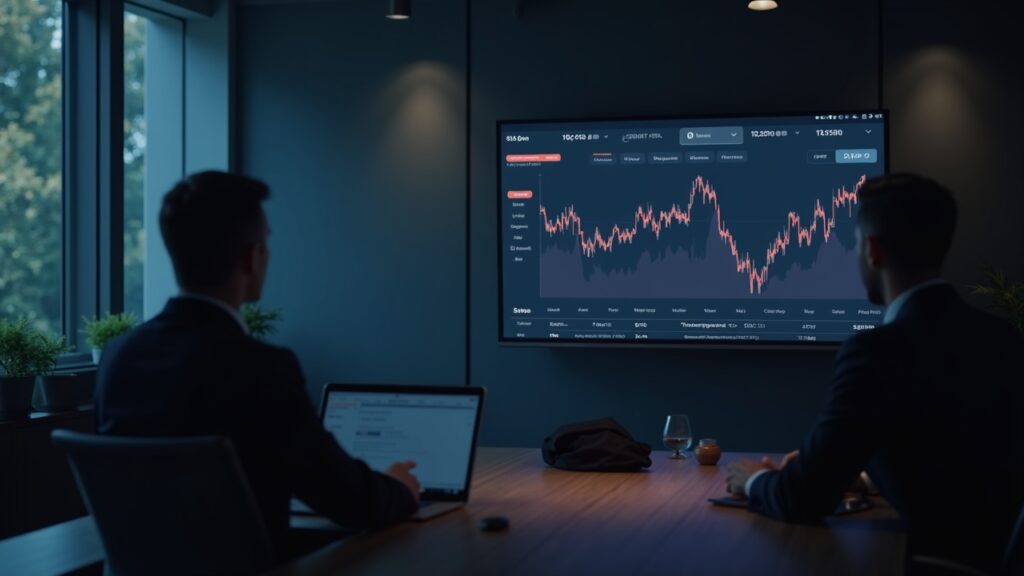 Escena de sala de juntas: ejecutivo presenta tablero de Solana con tokens PUMP y caída del 14%.