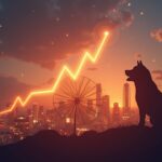Perro Shiba Inu sube sobre gráfico cripto iluminado; silueta de Elon Musk al fondo, ciudad futurista.