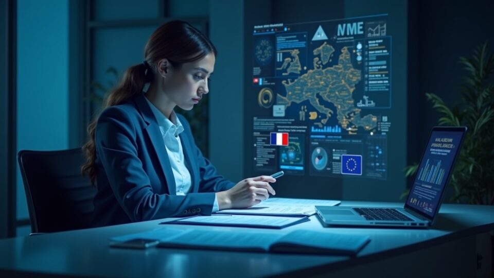 Analista revisando documentos AML en una mesa, gráficos cripto holográficos y banderas Francia-UE, señal de tensión MiCA.