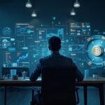 Retrato fotorrealista de un fundador cripto en una oficina moderna, con analítica onchain y boveda que sugiere escrutinio