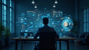Retrato fotorrealista de un fundador cripto en una oficina moderna, con analítica onchain y boveda que sugiere escrutinio