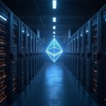 Centro de datos Ethereum fotorrealista con hitos Holesky brillando hacia mainnet y shard PeerDAS, iluminación tipo newsroom.