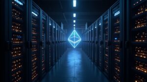 Centro de datos Ethereum fotorrealista con hitos Holesky brillando hacia mainnet y shard PeerDAS, iluminación tipo newsroom.