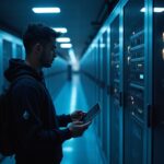 Desarrollador en data center moderno con visuales de Ethereum y nodos, señalando gas 150M y blobs 14/21 para Fusaka Hoodi