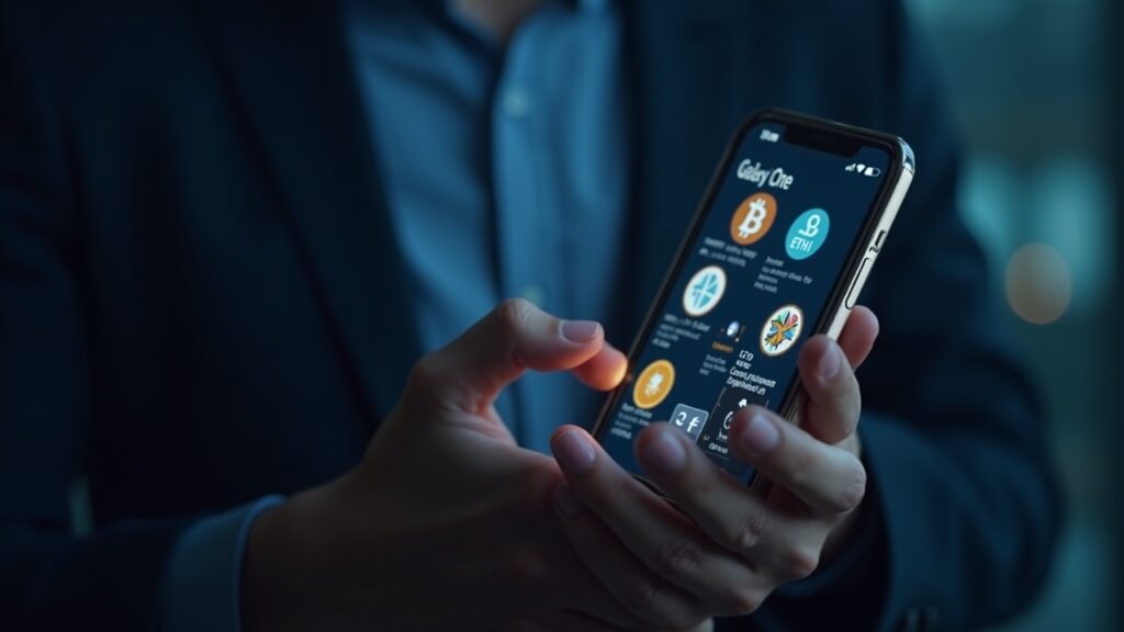 Inversionista sostiene un móvil con GalaxyOne y BTC/ETH/SOL; insignias FDIC y SOC2 visibles.