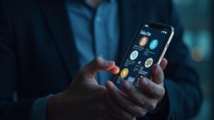 Inversionista sostiene un móvil con GalaxyOne y BTC/ETH/SOL; insignias FDIC y SOC2 visibles.