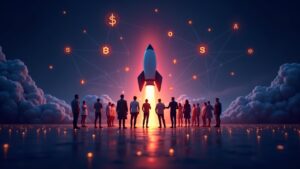 Equipo diverso lanza tokens desde una plataforma sin código; íconos brillantes emergen sobre un fondo de blockchain.