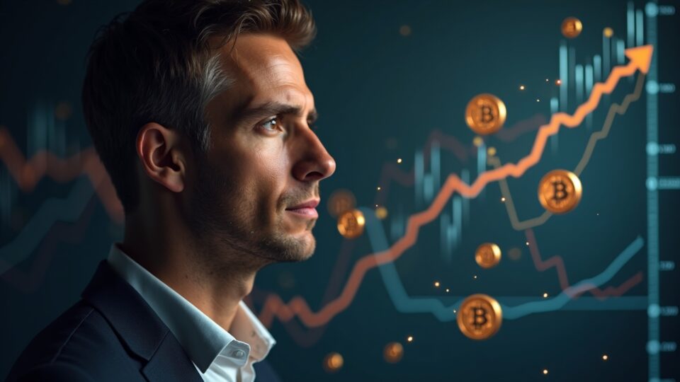 Portrait of a German fintech executive with Bitcoin symbols and a rising chart signaling BTC treasury goals by 2027.