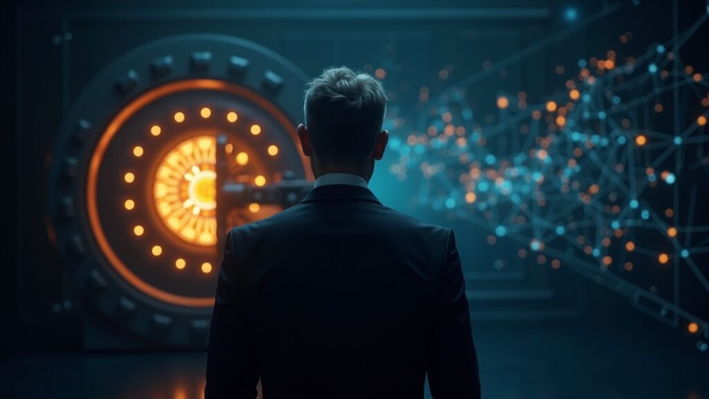 Gestor de fondos senior ante una bóveda cripto iluminada, con gráfico de ETF digital y red blockchain.