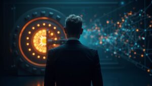 Gestor de fondos senior ante una bóveda cripto iluminada, con gráfico de ETF digital y red blockchain.