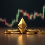 Split-screen: gold bar beside rising Ethereum coin over a chart converging to $5K, newsroom lighting.