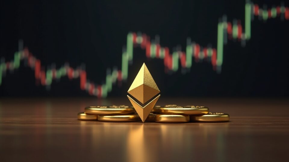 Split-screen: gold bar beside rising Ethereum coin over a chart converging to $5K, newsroom lighting.