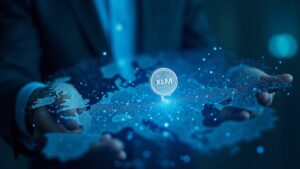 Profesional fintech rodeado de mapa holográfico con ADA, XLM, DOT y un cuarto token, tono azul