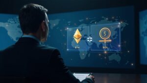 Inversor trajeado frente a pantalla holográfica de recompensas por staking ETH y SOL, con motivos regulatorios de EE. UU. y red blockchain.