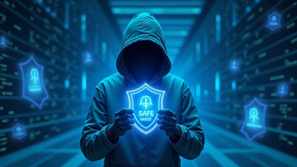 Hacker ético de sombrero blanco frente a blockchain holográfica con un escudo luminoso Safe Harbor, simbolizando recuperación on-chain segura.