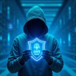 Hacker ético de sombrero blanco frente a blockchain holográfica con un escudo luminoso Safe Harbor, simbolizando recuperación on-chain segura.
