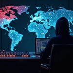 hacker fotorrealista ante consola luminosa, mapa mundial con corea del norte y flujos cripto vía puentes y mixers.