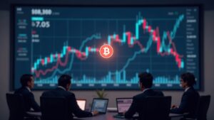Escena periodística fotorrealista con el logo de HBAR ascendiendo sobre un gráfico cripto volátil y adopción institucional.